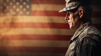 Veterans Day. a U.S. national holiday, Memorial Day and Armistice Day. Pride and patriotism, soldier, for banner and text. American flag, retired soldier .