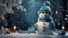 Illustration Of Christmas Cute Snowman In The Winter Park