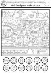 Wall Mural - Vector transportation searching black and white game with city landscape with roads, car, metro. Spot hidden objects coloring page. Water, air, land transport seek and find activity for kids