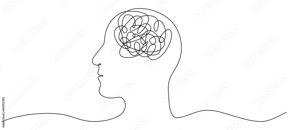 Continuous one line drawing of man head. Male head with confused ...