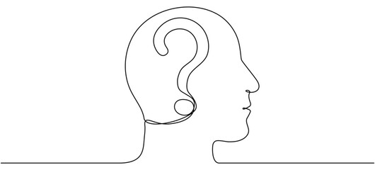 Wall Mural - continuous line drawing head with question mark. thinking linear symbol. brainstorming concept. vect