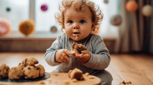 Cute Little Baby Boy Eating Cookies In The Kitchen At Home.