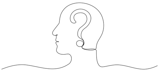 Wall Mural - continuous line drawing head with question mark. thinking linear symbol. brainstorming concept. vect
