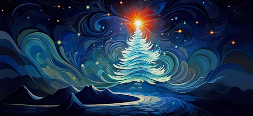 Wall Mural - Colored Christmas tree with lines, swirls and star on top glowing with majesty in a winter night sky. Xmas illustration for beautiful celebration.