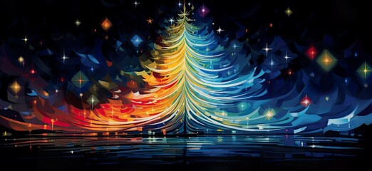 Wall Mural - Colored Christmas tree with lines, swirls and star on top glowing with majesty in a winter night sky. Xmas illustration for beautiful celebration.