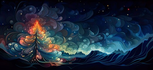 Wall Mural - Colored Christmas tree with lines, swirls and star on top glowing with majesty in a winter night sky. Xmas illustration for beautiful celebration.