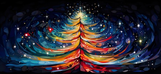 Wall Mural - Colored Christmas tree with lines, swirls and star on top glowing with majesty in a winter night sky. Xmas illustration for beautiful celebration.