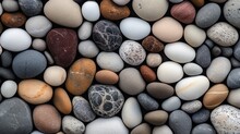 Round, Smooth Pebbles In A Texture. Sea Beach With Dark Wet Pebbles And Gray Dry Pebbles In Close-up