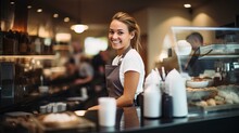 Young Woman Barista Standing Behind The Counter, Preparing To Serve Coffee. Generative AI
