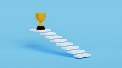 3D Winner cup on top of stairs. Winner award. Business success concept. Journey to reach goal or achievement concept. 3d illustration