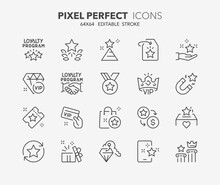 Line Icons About Loyalty Programs. Outline Symbol Collection. Editable Vector Stroke. 64x64 Pixel Perfect.