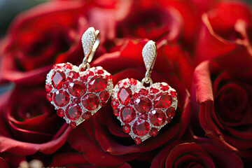 Wall Mural - Red heart shaped earrings with diamonds , Valentine's gift