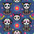 Cute cartoon dog and cat bright seamless pattern. Skeleton cats, dog and flowers. Muertos pattern with skull. Mexico day dead holiday. Vector illustration