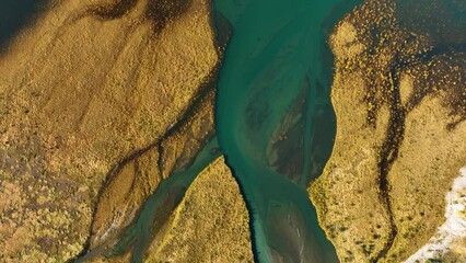 Wall Mural - a drone view of the river on the field. an aerial view of an autumn landscape. winding river among t
