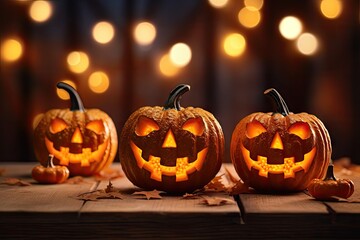 Halloween jack o lantern on Halloween party with beautiful bokeh candles light on the table top in haunted house or castle