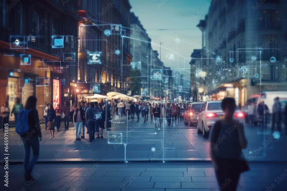 Surveillance camera of a crowd of people walking along busy city ...
