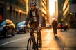Cycling commuter. Young Caucasian man riding a bicycle on a road in a city street. Blurry urban background.