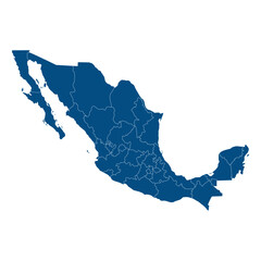 Canvas Print - Map of Mexico with administrative regions in blue. Mexican map regions.