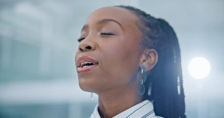 Poster - Relax, breathing and peace with business black woman in office for calm, anxiety and relief. Happy, mental health and fatigue with face of tired employee for satisfaction, frustrated and exhausted