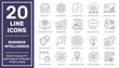 Business Intelligence - thin line vector icon set. The set contains icons: Business Strategy, Big Data, Solution, Briefcase, Research, Data Mining, Accountancy. Editable stroke