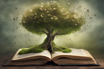 an open book with a tree growing out of it. Aged Book and Tree of Knowledge - Nostalgic Wisdom. Generative AI.
