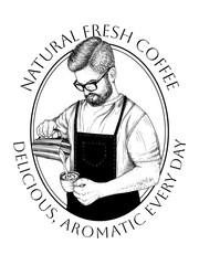 Vector illustration of a barista making coffee in engraving style