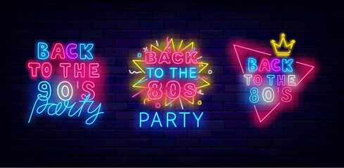 Wall Mural - Back to the 80s neon signboards set. Glowing advertising. Triangle frame with crown. Vector stock illustration