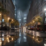 Fototapeta Nowy Jork - A dynamic cityscape with reflections in puddles after a rainstorm4