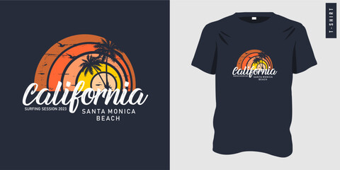 California santa monica beach t-shirt design. Retro summer beach design for apparel and others. Typography style with colorful background. Beach vibes for vacation. Vector illustration.