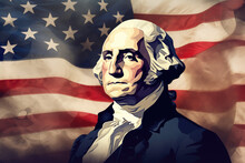 George Washington Illustration With American Flag - Founding Father, Revolution, USA - Generative AI