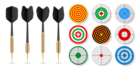 Wall Mural - Paper targets with dart arrows and shadows. Shooting range round target, divisions, marks and numbers. Gun shooting practise and training, sport competition. Bullseye and aim. Vector illustration