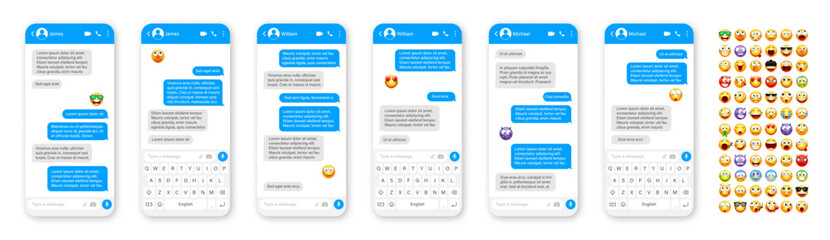 Smartphone messaging app, user interface design with emoji. SMS text frame. Chat screen with blue message bubbles. Texting app for communication. Social media application. Vector illustration