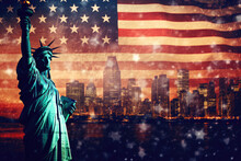 Statue Of Liberty With American Flag Illustration, New York City Skyline, Generative AI