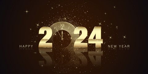Wall Mural - happy new year and merry christmas concept. golden text 2024 with clock countdown instead zero. holi