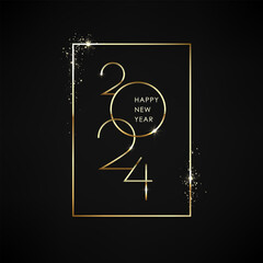 Wall Mural - gold lettering 2024 happy new year. holiday greeting card design with gold frame and text inside. ve