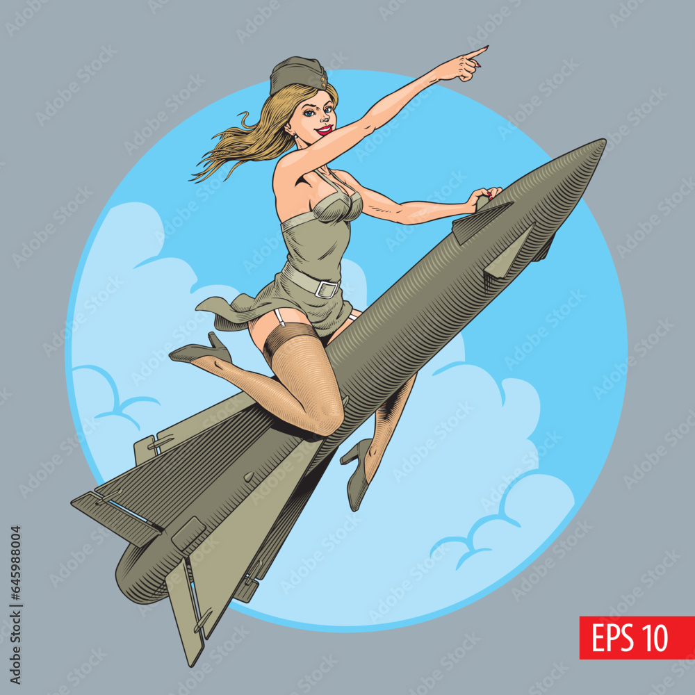 Pin up girl riding a nuclear rocket, atomic bomb or air defense missile ...