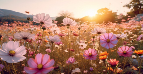 Wall Mural - field wild meadow violet background flower sunset blooming pink nature beautiful. Generative AI.