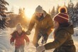 canvas print picture - Familie tobt im Schnee und hat Spaß, Vater mit Kind im Winter