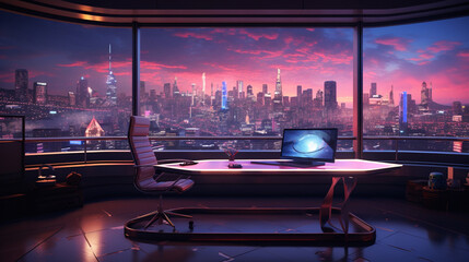 Wall Mural - modern minimalistic office interior city in the background, lights and clouds with sunset view