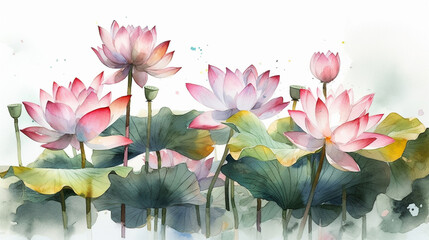 Wall Mural - Watercolor painting of lotus on white background. Hand drawn illustration. generative ai