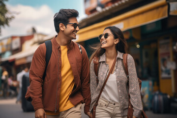 Happy indian couple tourist holding bag wearing sunglasses and enjoying journey