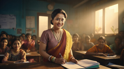 Indian female school teacher with student at classroom