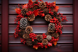 Fototapeta Las - Christmas wreath of pine cones and red berries hanging on the door 
