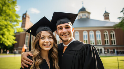 Fototapete - Happy smiling graduating friends in an academic gowns standing in front of college