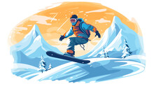 Copy Space, Simple Vector Illustration, Simple Colors, Snowboarding, Jumping Snowboarder In Snowy Mountains Background, Man With Snowboard Flat Style. Winter Sport Concept. Advertisement For Ski Vacat