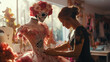 © brillianata - Woman tailor sews a dress for the Mexican holiday Day of the Dead. Santa Muerte.