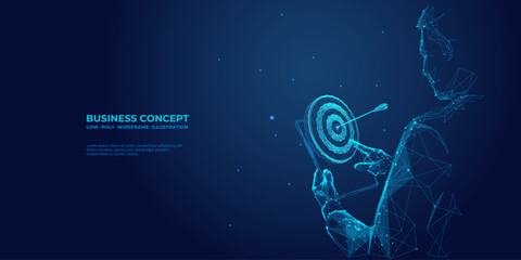 Poster - Abstract digital businessman touching target on a tablet. Success and goals concept. Financial. Futuristic low poly wireframe style. Polygonal geometric vector illustration on technology background.