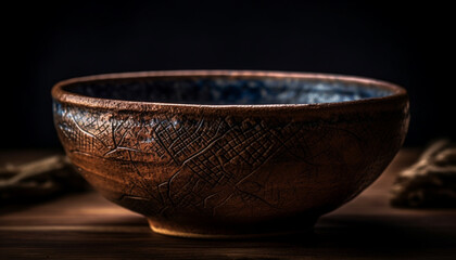 Canvas Print - Antique terracotta flower pot on rustic wooden table, empty foreground generated by AI