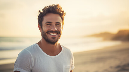 Wall Mural - Handsome man smiles happily while on vacation with the beach in the background