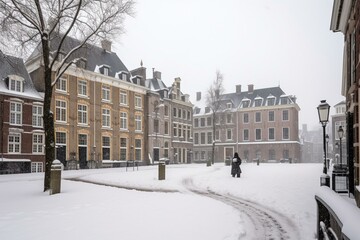 Winter view of snowfall in historic square plein next to the binnenhof with bars and restaurants in ancient city center of The Hague, Netherlands. Generative AI